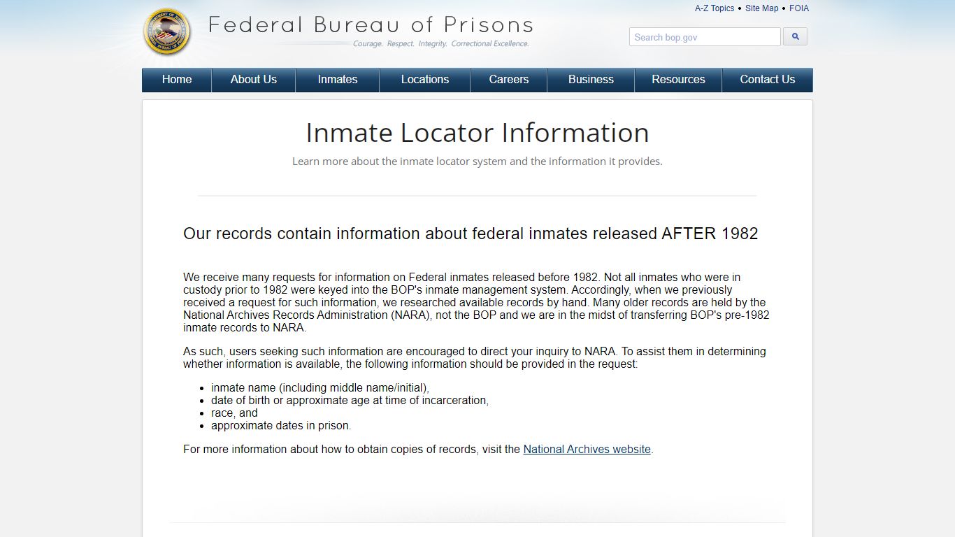 BOP: About Federal Inmate Records - Federal Bureau of Prisons